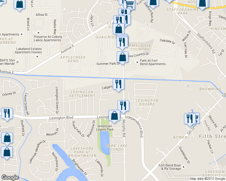 map of restaurants, bars, coffee shops, grocery stores, and more near 3822 Lexington Grove Court in Missouri City