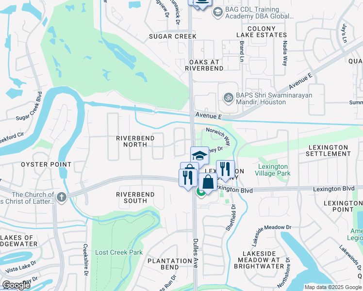 map of restaurants, bars, coffee shops, grocery stores, and more near 1627 South Yegua River Circle in Sugar Land