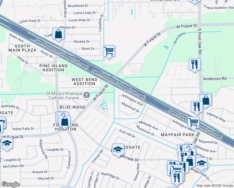 map of restaurants, bars, coffee shops, grocery stores, and more near 15318 Corsair Road in Houston