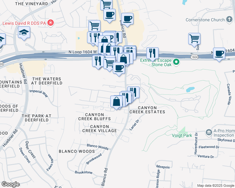 map of restaurants, bars, coffee shops, grocery stores, and more near 1114 Bluff Forest in San Antonio