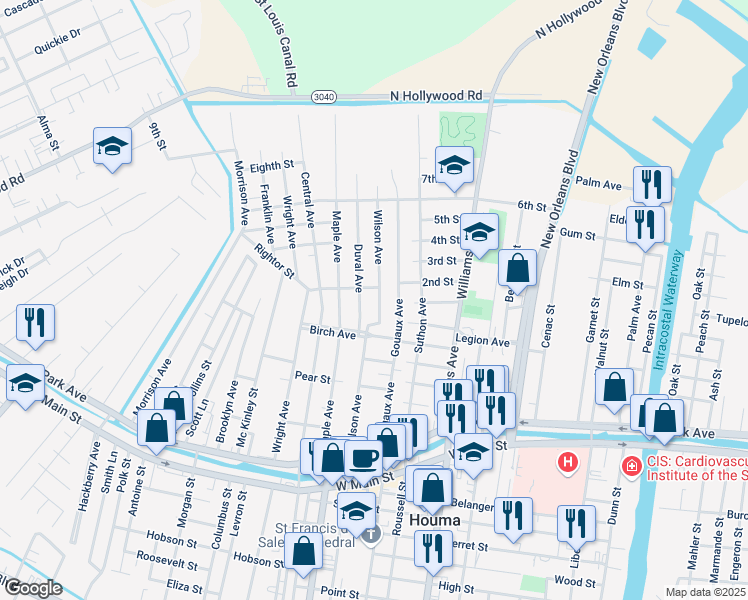 map of restaurants, bars, coffee shops, grocery stores, and more near 447 Gouaux Avenue in Houma