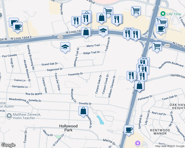 map of restaurants, bars, coffee shops, grocery stores, and more near 102 Tall Oak Drive in San Antonio