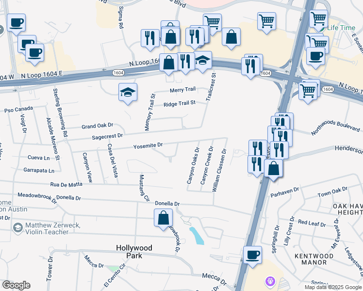 map of restaurants, bars, coffee shops, grocery stores, and more near 102 Tall Oak Drive in San Antonio