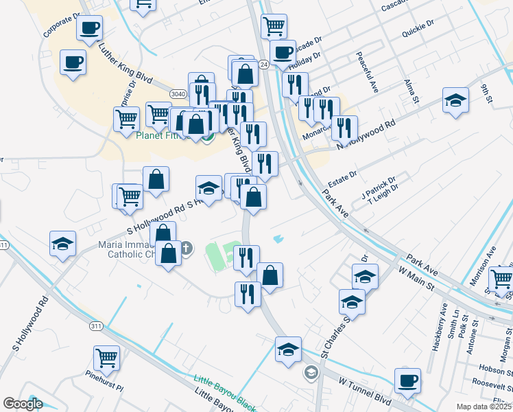 map of restaurants, bars, coffee shops, grocery stores, and more near 1500 West Tunnel Boulevard in Houma