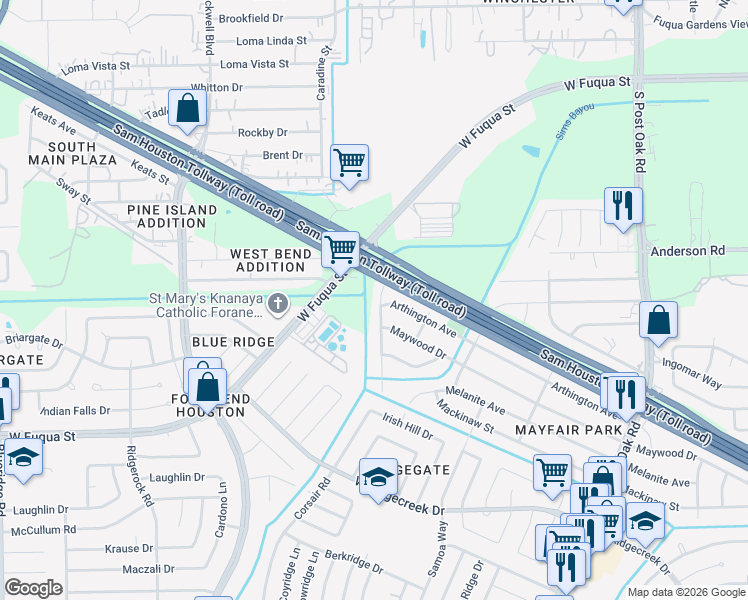 map of restaurants, bars, coffee shops, grocery stores, and more near 15318 Corsair Road in Houston