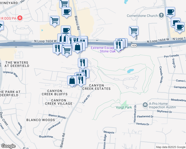 map of restaurants, bars, coffee shops, grocery stores, and more near 114 Talavera Parkway in San Antonio