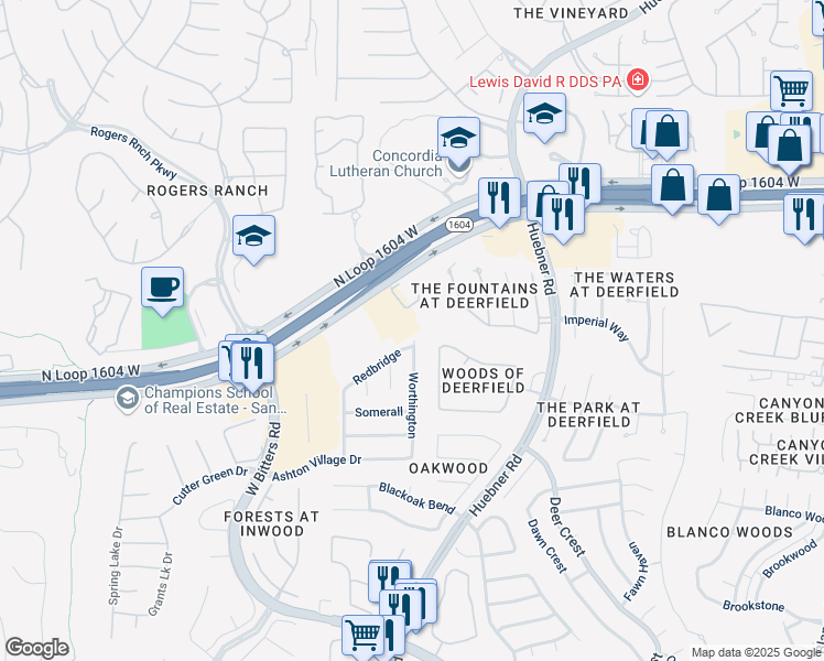 map of restaurants, bars, coffee shops, grocery stores, and more near 2503 Redbridge in San Antonio