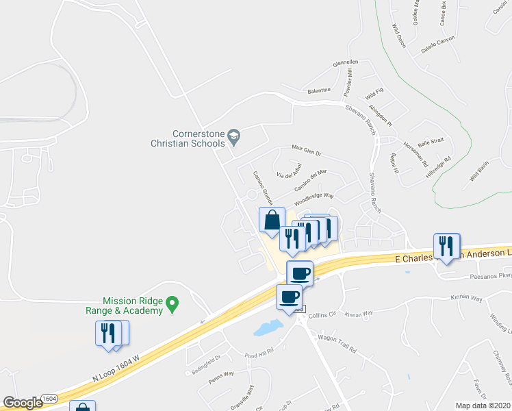 map of restaurants, bars, coffee shops, grocery stores, and more near 17823 Camino Grande in San Antonio