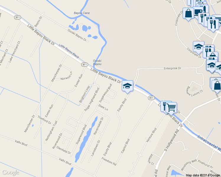 map of restaurants, bars, coffee shops, grocery stores, and more near 204 Sugarwood Blvd in Houma