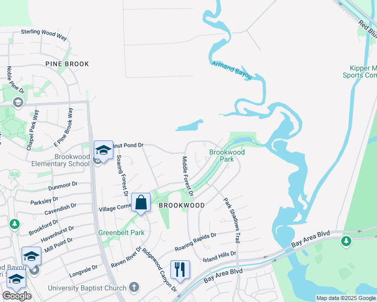 map of restaurants, bars, coffee shops, grocery stores, and more near 16842 Middle Forest Drive in Houston