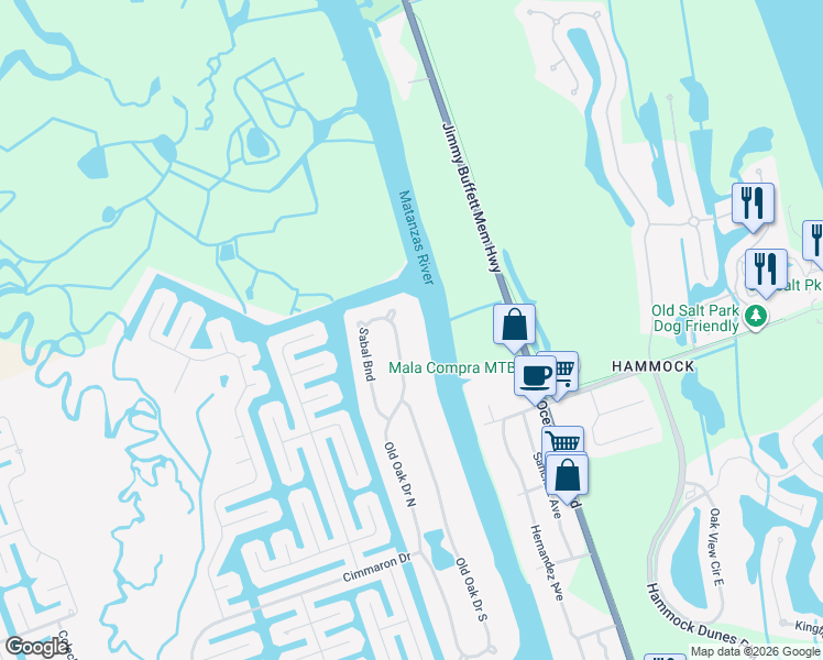 map of restaurants, bars, coffee shops, grocery stores, and more near 18 Sabal Bend in Palm Coast