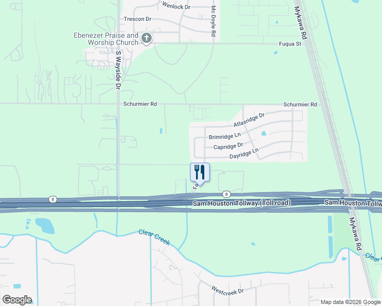 map of restaurants, bars, coffee shops, grocery stores, and more near 13938 Enridge Lane in Houston
