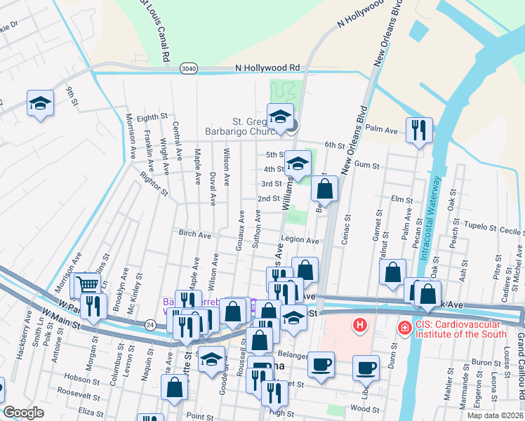 map of restaurants, bars, coffee shops, grocery stores, and more near 600 Suthon Avenue in Houma