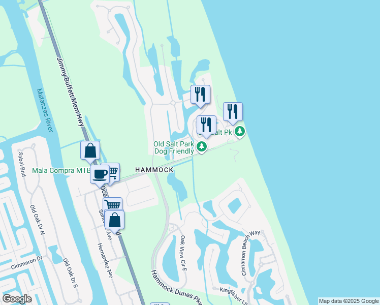 map of restaurants, bars, coffee shops, grocery stores, and more near 15 Ocean Crest Way in Palm Coast