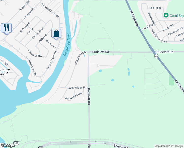 map of restaurants, bars, coffee shops, grocery stores, and more near 501 Rudeloff Road in Seguin