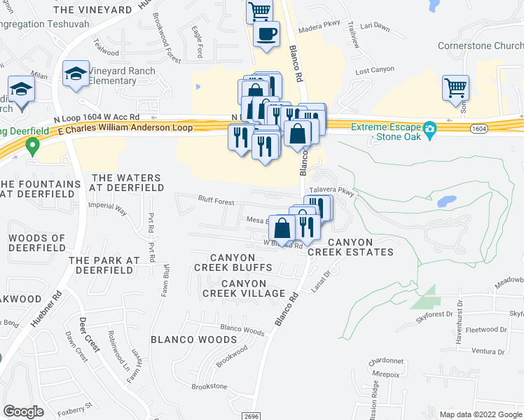 map of restaurants, bars, coffee shops, grocery stores, and more near 1142 Bluff Forest in San Antonio