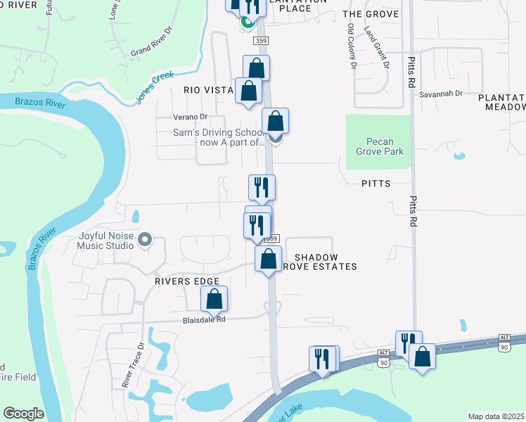 map of restaurants, bars, coffee shops, grocery stores, and more near 515 Farm to Market 359 in Richmond