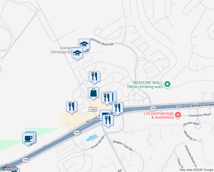 map of restaurants, bars, coffee shops, grocery stores, and more near 4122 Woodbridge Way in San Antonio