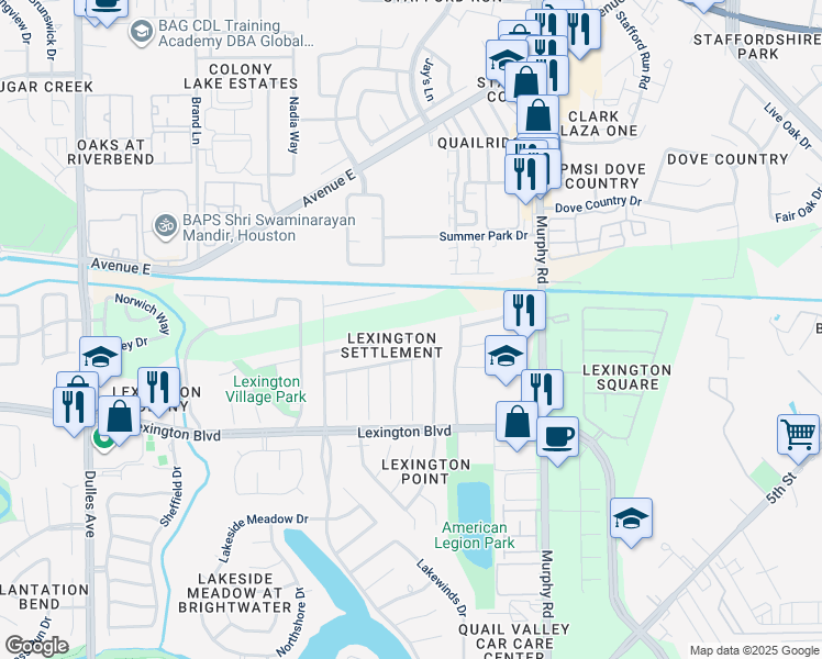map of restaurants, bars, coffee shops, grocery stores, and more near 4122 Custer Creek Drive in Missouri City