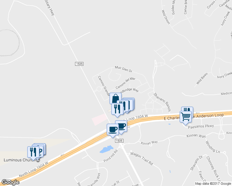 map of restaurants, bars, coffee shops, grocery stores, and more near 4223 Woodbridge Way in San Antonio