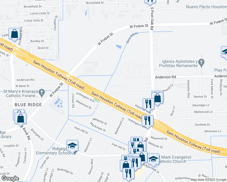 map of restaurants, bars, coffee shops, grocery stores, and more near 5734 Drakestone Boulevard in Houston