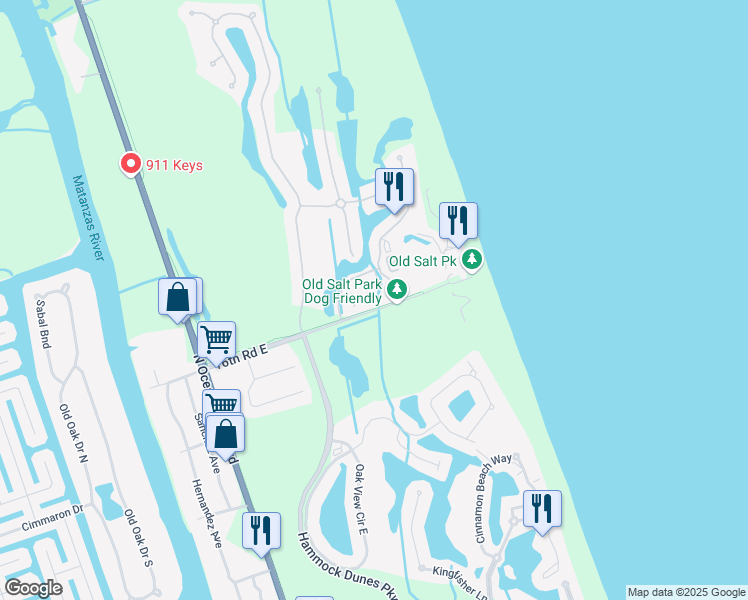 map of restaurants, bars, coffee shops, grocery stores, and more near 25 Ocean Crest Way in Palm Coast