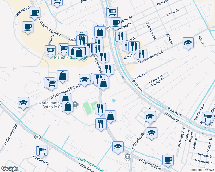 map of restaurants, bars, coffee shops, grocery stores, and more near 1500 West Tunnel Boulevard in Houma