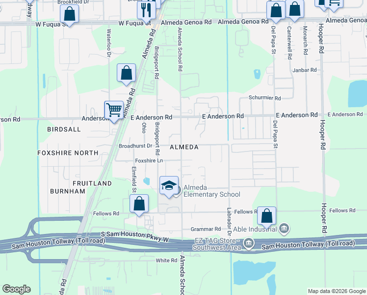 map of restaurants, bars, coffee shops, grocery stores, and more near 223 Broadhurst Drive in Houston