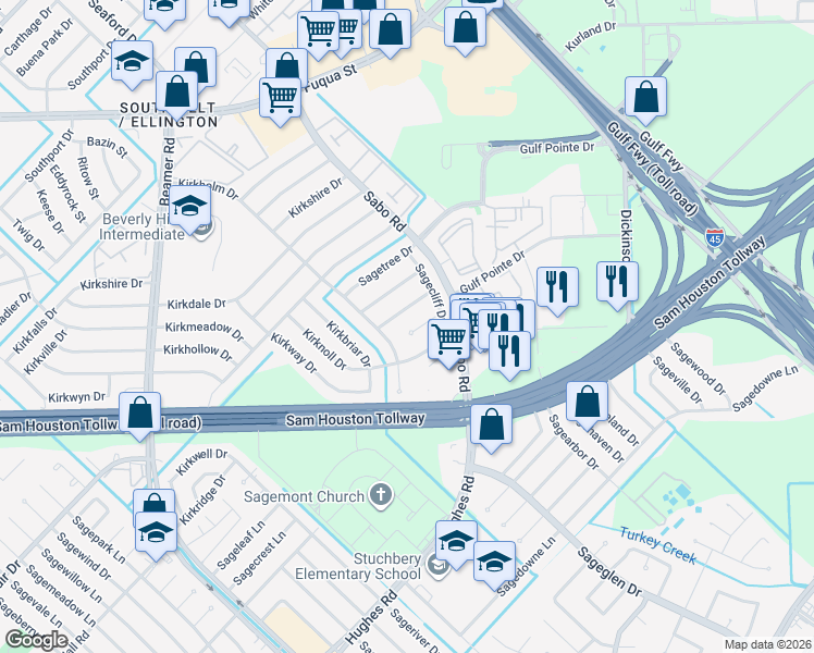 map of restaurants, bars, coffee shops, grocery stores, and more near 10507 Sagepine Lane in Houston