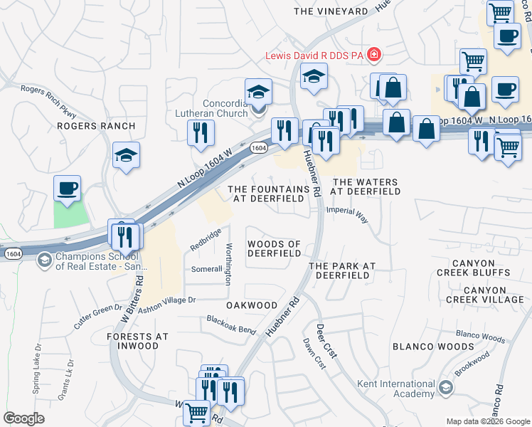 map of restaurants, bars, coffee shops, grocery stores, and more near 2218 Fountain Way in San Antonio