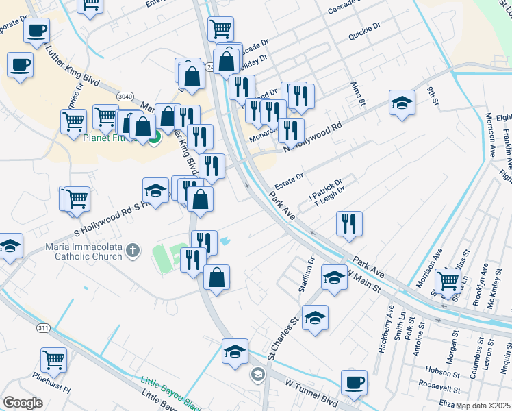 map of restaurants, bars, coffee shops, grocery stores, and more near 7072 West Main Street in Houma