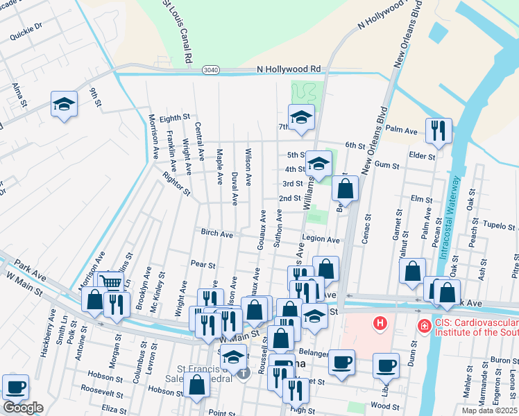 map of restaurants, bars, coffee shops, grocery stores, and more near 447 Gouaux Avenue in Houma