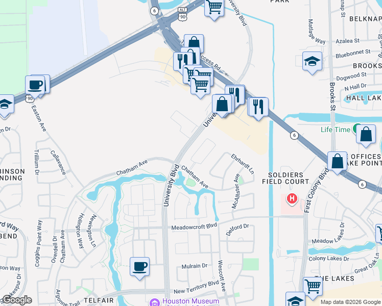 map of restaurants, bars, coffee shops, grocery stores, and more near 507 Olmstead Park Drive in Sugar Land