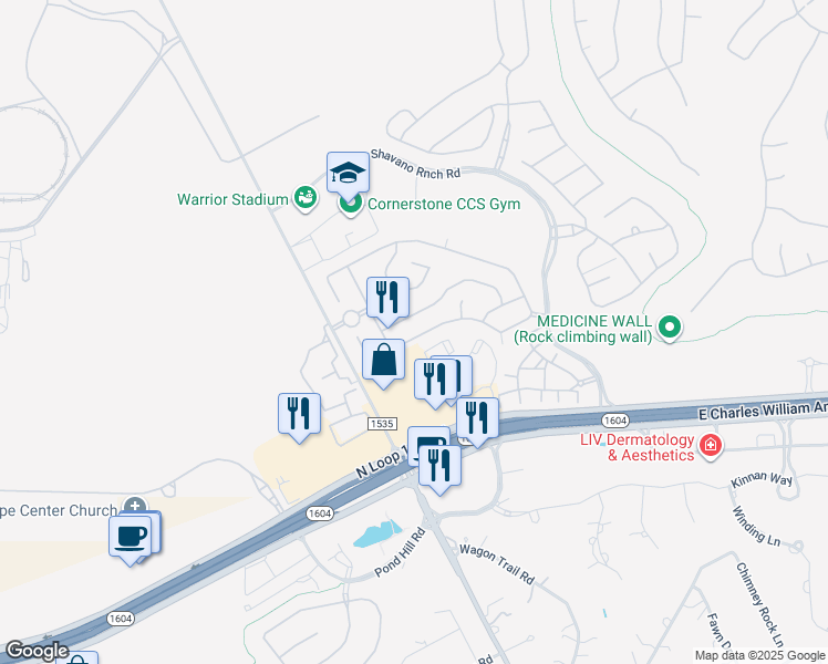 map of restaurants, bars, coffee shops, grocery stores, and more near 4223 Woodbridge Way in San Antonio