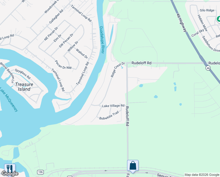 map of restaurants, bars, coffee shops, grocery stores, and more near 295 Ridge Crest Drive in Seguin