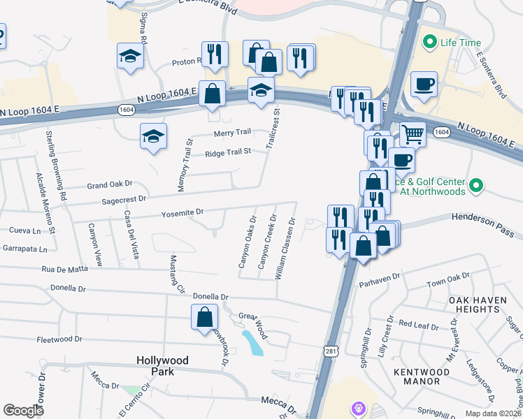 map of restaurants, bars, coffee shops, grocery stores, and more near 142 Canyon Oaks Drive in San Antonio