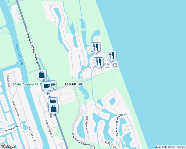 map of restaurants, bars, coffee shops, grocery stores, and more near 5 Ocean Crest Way in Palm Coast