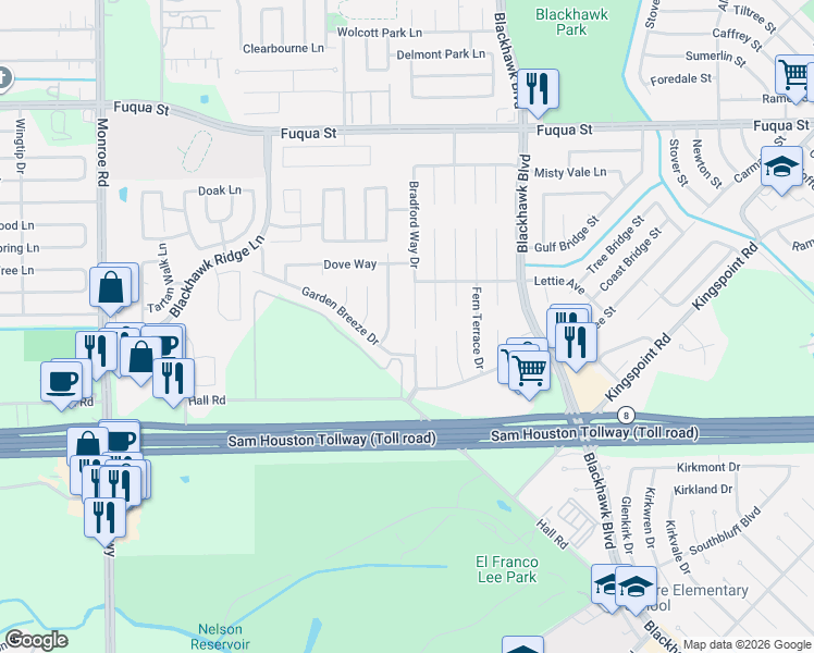map of restaurants, bars, coffee shops, grocery stores, and more near 11038 Bradford Way Drive in Houston