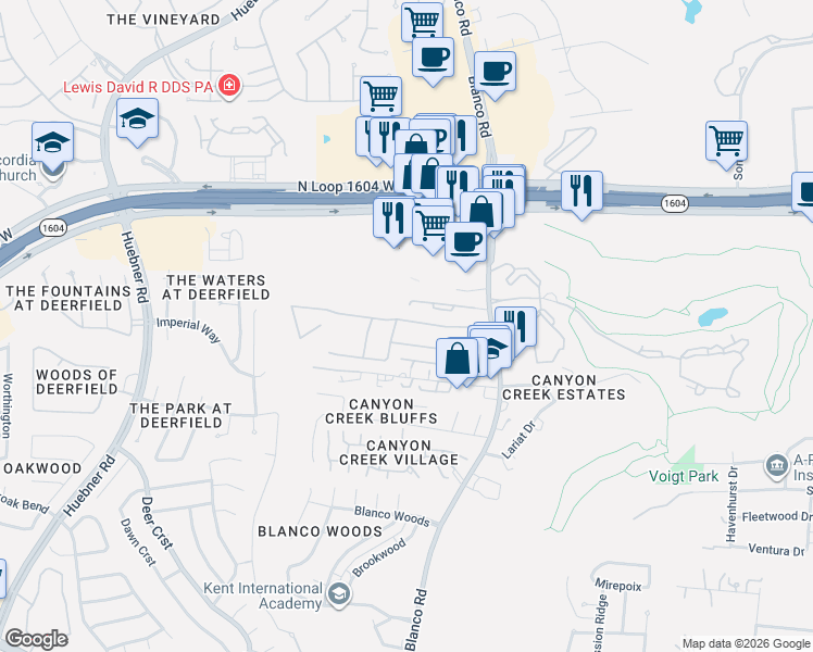 map of restaurants, bars, coffee shops, grocery stores, and more near 1142 Bluff Forest in San Antonio