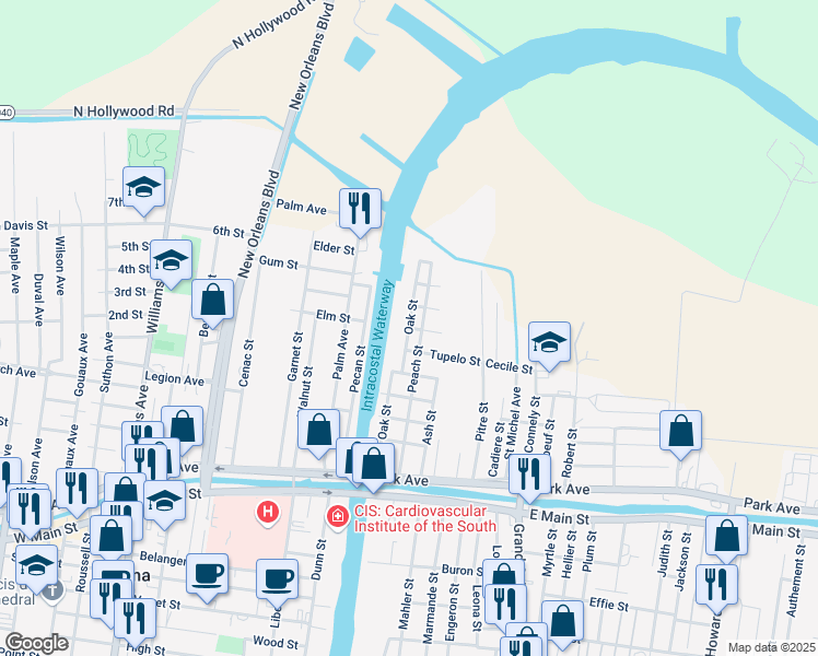 map of restaurants, bars, coffee shops, grocery stores, and more near 1200 Gibbons Street in Houma