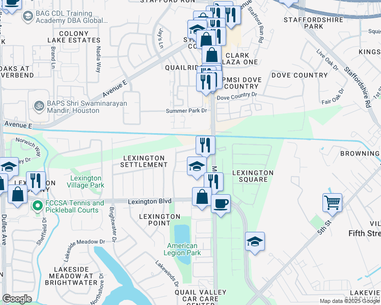 map of restaurants, bars, coffee shops, grocery stores, and more near 3915 Calgary Circle in Missouri City