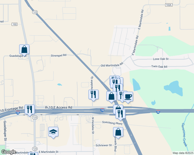 map of restaurants, bars, coffee shops, grocery stores, and more near 2615 Texas 123 in Seguin