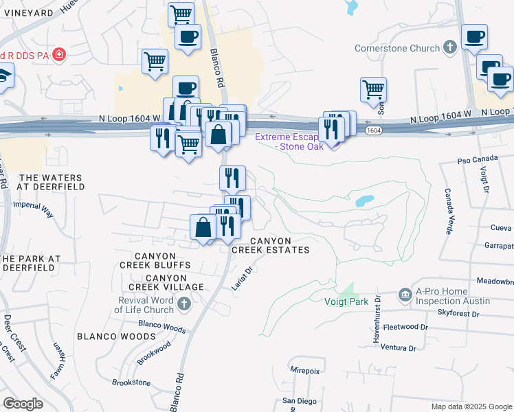 map of restaurants, bars, coffee shops, grocery stores, and more near 114 Talavera Parkway in San Antonio