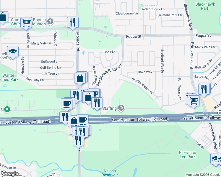 map of restaurants, bars, coffee shops, grocery stores, and more near 11030 Great Hawk Lane in Houston