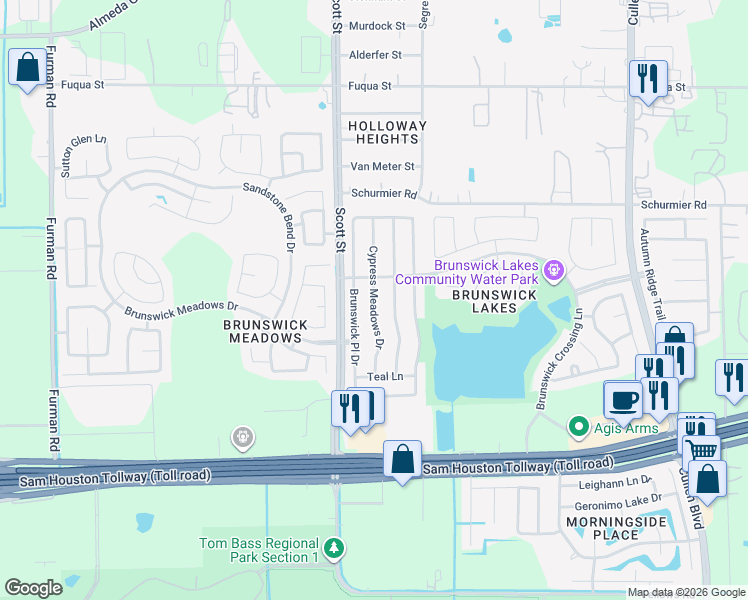 map of restaurants, bars, coffee shops, grocery stores, and more near Cypress Meadow Drive in Houston