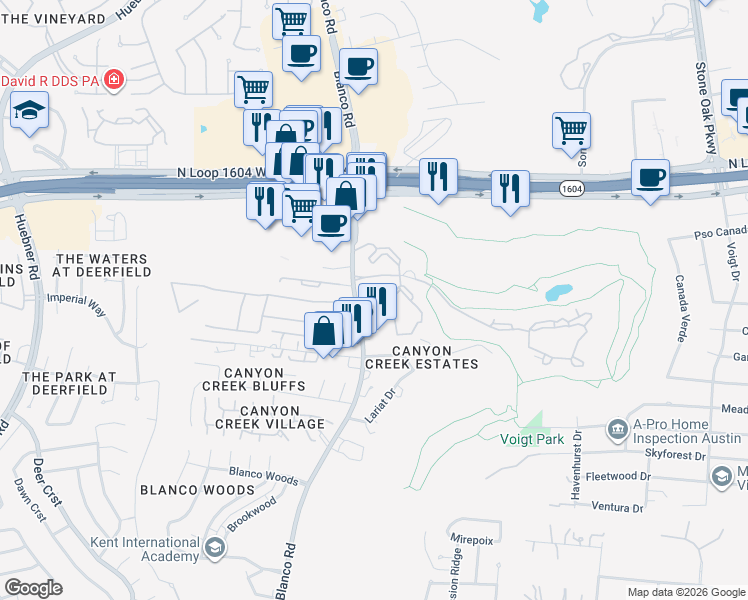 map of restaurants, bars, coffee shops, grocery stores, and more near 17780 Blanco Road in San Antonio
