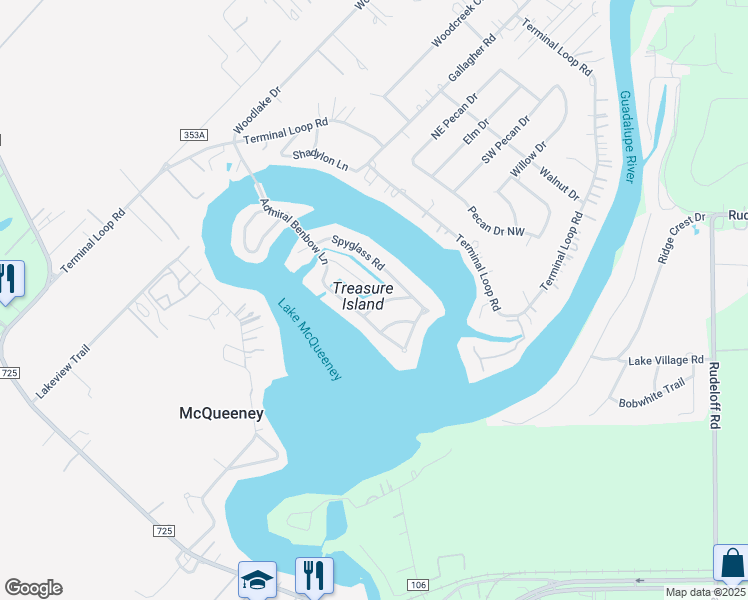 map of restaurants, bars, coffee shops, grocery stores, and more near 114 Rest Haven Street in McQueeney