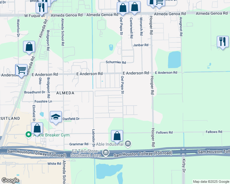 map of restaurants, bars, coffee shops, grocery stores, and more near 14100 Del Papa Street in Houston