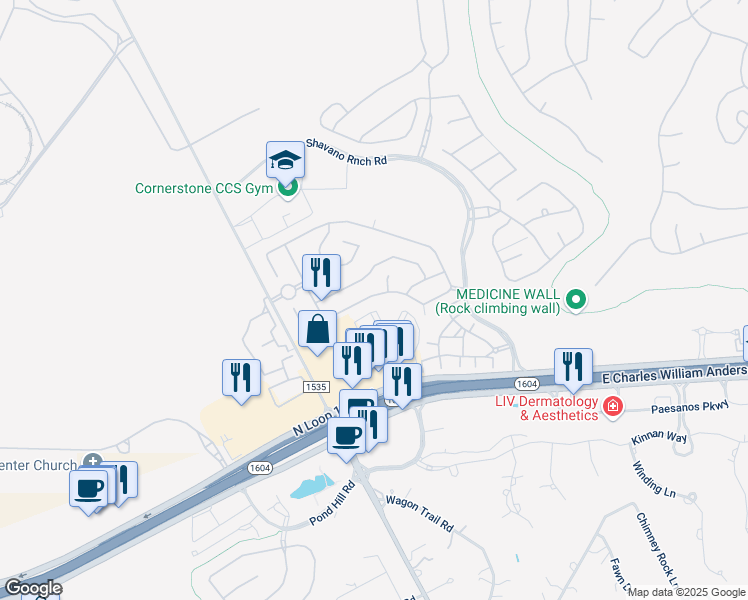 map of restaurants, bars, coffee shops, grocery stores, and more near 4122 Woodbridge Way in San Antonio