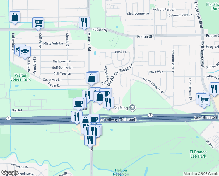map of restaurants, bars, coffee shops, grocery stores, and more near 11019 Round Dale Lane in Houston